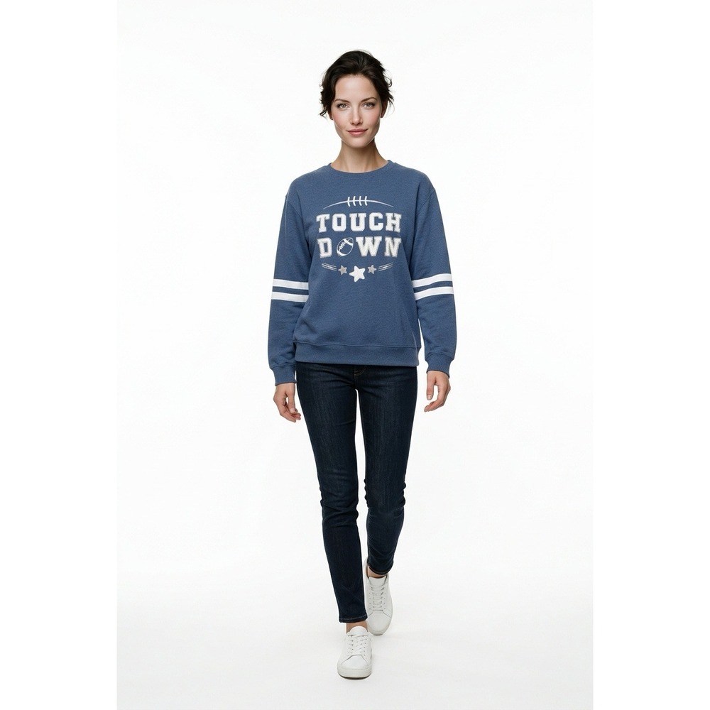 Touch Down Graphic T-shirt Blue Varsity Stripe Crewneck Mens‎ Med Game Day Cozy